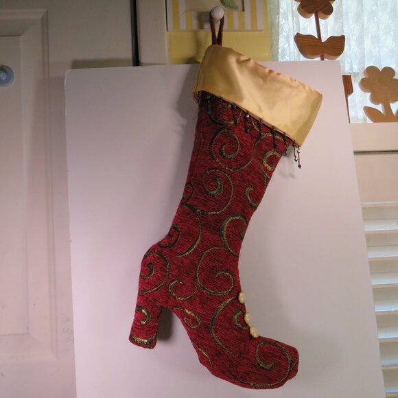 Red Tapestry Vintage Victorian High Heel boot stocking Holiday 20" long - Picture 1 of 10